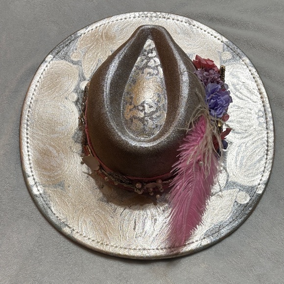 Hand Painted Boho Glam Festive Hat • Feather• Rhinestone • Butterfly • Floral - Picture 3 of 11